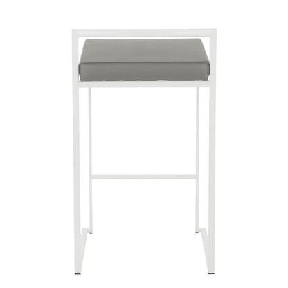 Fuji Contemporary Stackable Counter Stool in White with Grey Faux Leather Cushion - Set of 2