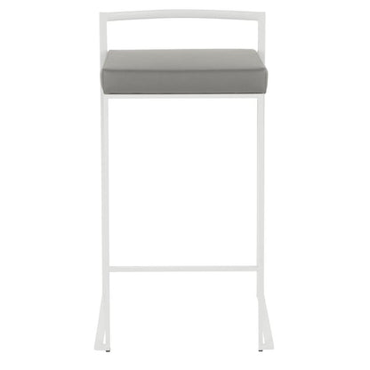 Fuji Contemporary Stackable Counter Stool in White with Grey Faux Leather Cushion - Set of 2