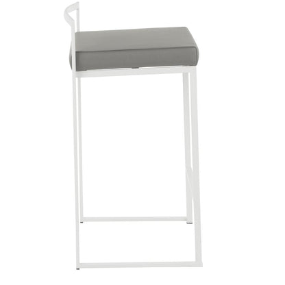 Fuji Contemporary Stackable Counter Stool in White with Grey Faux Leather Cushion - Set of 2