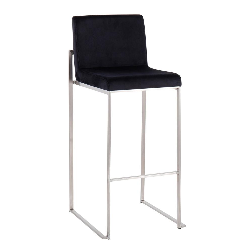 Stainless Steel, Black Velvet Fuji High Back Barstool - Set of 2