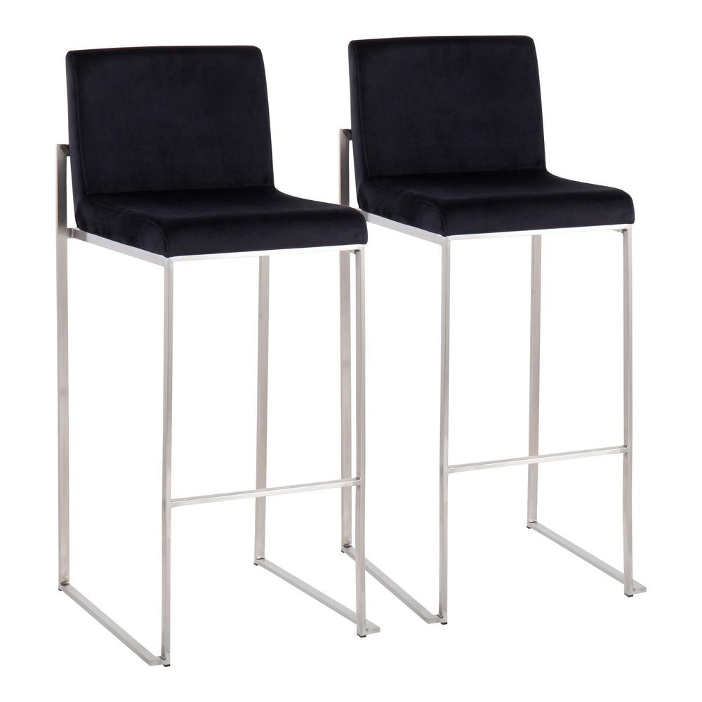 Stainless Steel, Black Velvet Fuji High Back Barstool - Set of 2