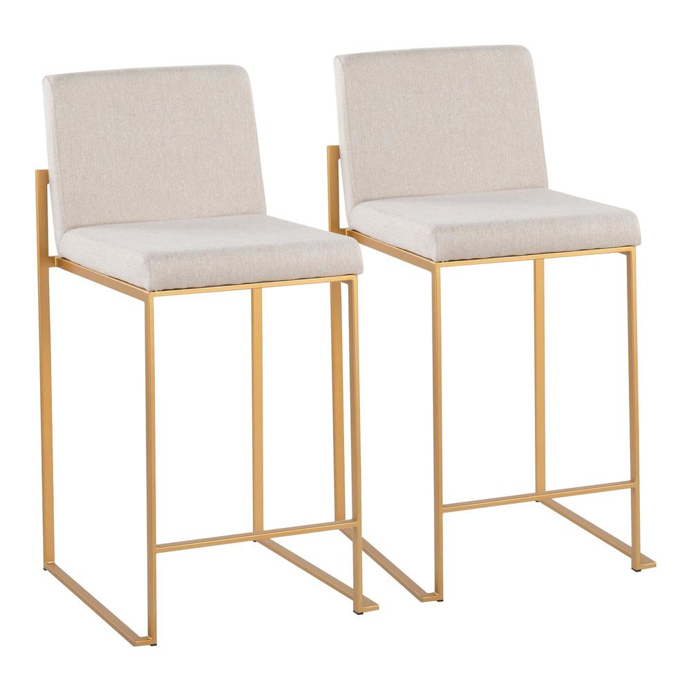 Gold Steel, Beige Fabric Fuji High Back Counter Stool - Set of 2