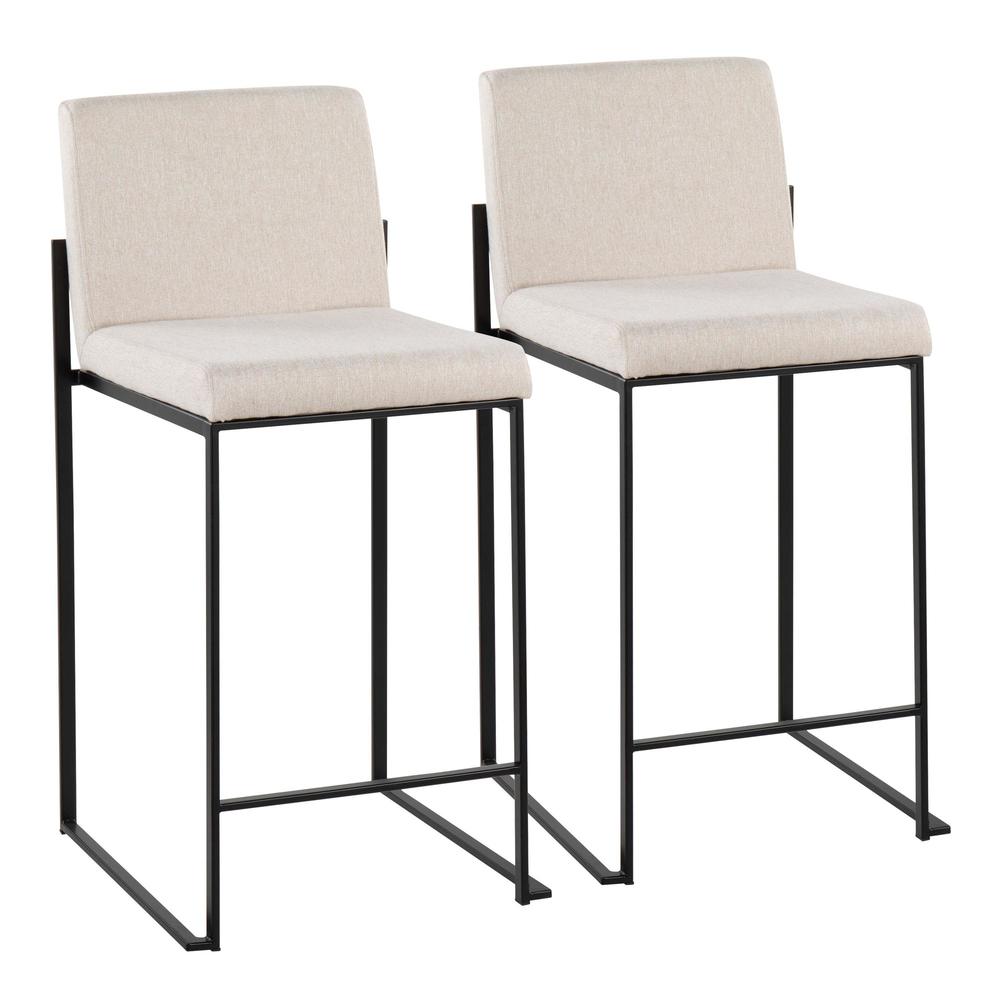 Black Steel, Beige Fabric Fuji High Back Counter Stool - Set of 2