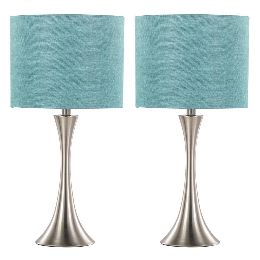 Brushed Nickel, Turquoise Linen Lenuxe 24" Metal Table Lamp - Set of 2
