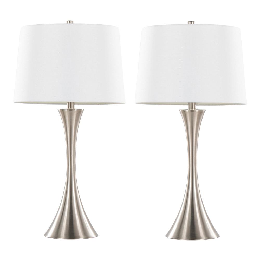 Brushed Nickel, White Textured Linen Lenuxe 29" Metal Table Lamp - Set of 2