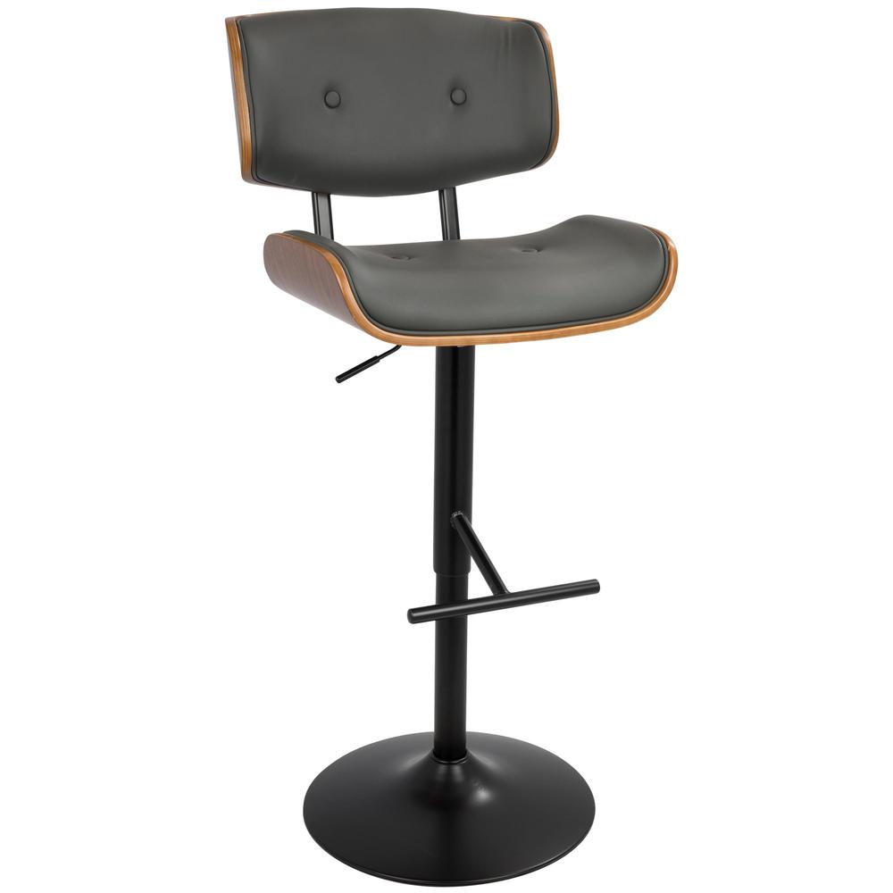Black Metal, Walnut Wood, Grey PU Lombardi Adjustable Barstool - Set of 2