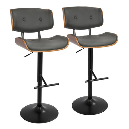 Black Metal, Walnut Wood, Grey PU Lombardi Adjustable Barstool - Set of 2
