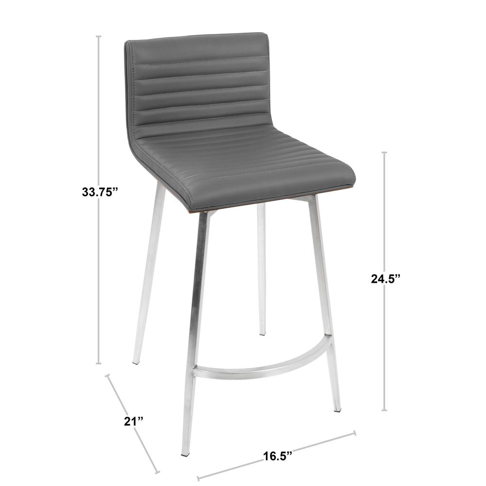 Mason Contemporary Swivel Counter Stool in Stainless Steel, Walnut Wood, and Grey Faux Leather - Set of 2