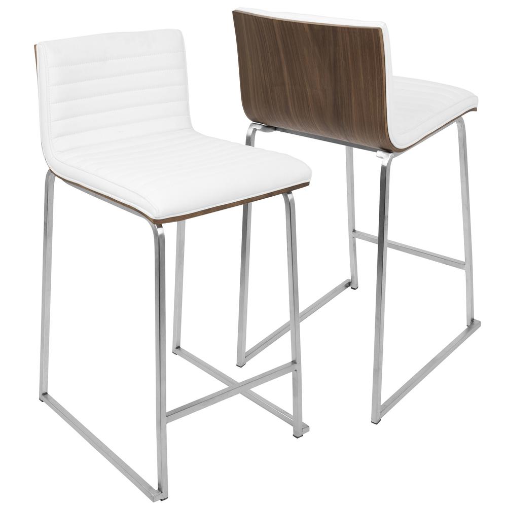 Mara 26" Contemporary Counter Stool in Brushed Stainless Steel, Walnut Wood, and White Faux Leather - Set of 2