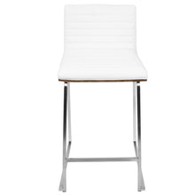 Mara 26" Contemporary Counter Stool in Brushed Stainless Steel, Walnut Wood, and White Faux Leather - Set of 2