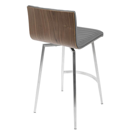 Mason Contemporary Swivel Counter Stool in Stainless Steel, Walnut Wood, and Grey Faux Leather - Set of 2