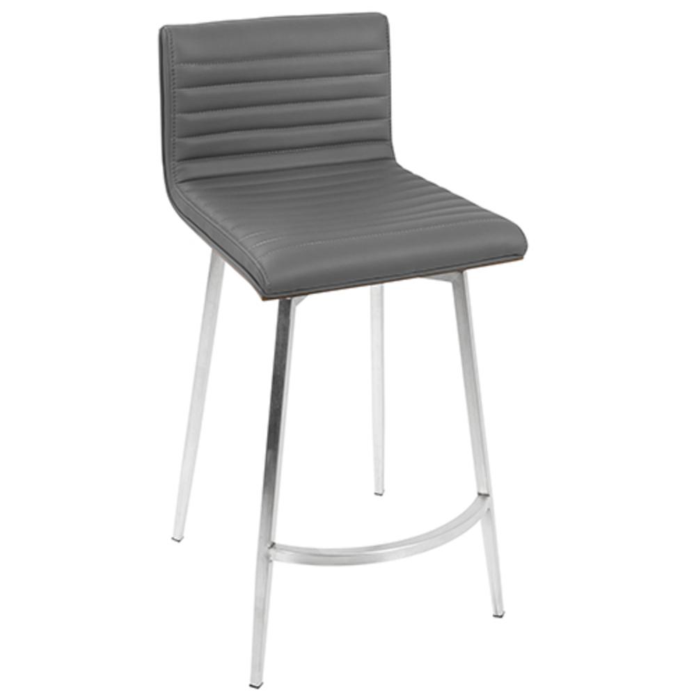 Mason Contemporary Swivel Counter Stool in Stainless Steel, Walnut Wood, and Grey Faux Leather - Set of 2