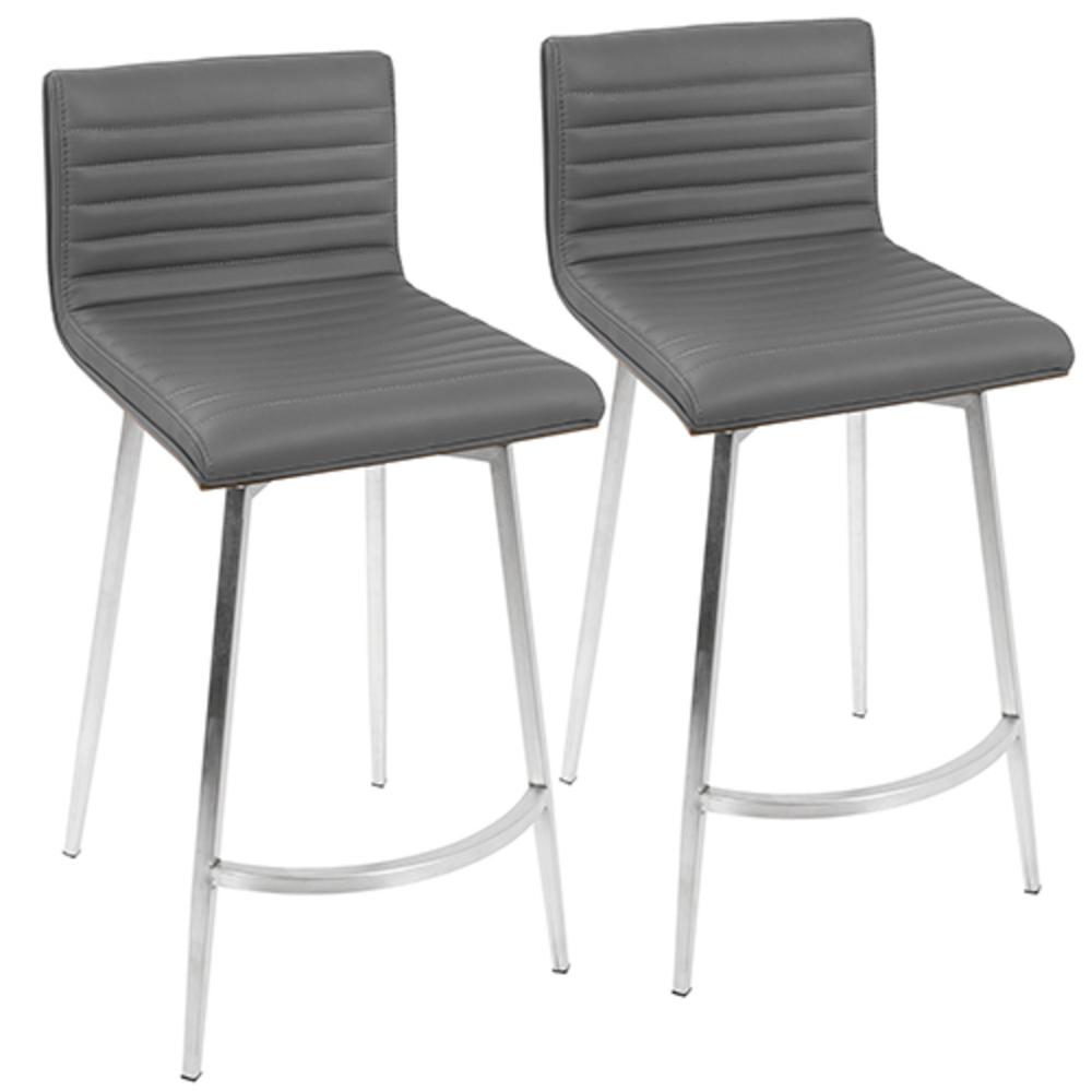 Mason Contemporary Swivel Counter Stool in Stainless Steel, Walnut Wood, and Grey Faux Leather - Set of 2