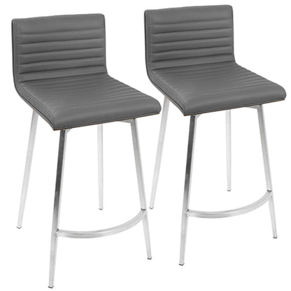 Mason Contemporary Swivel Counter Stool in Stainless Steel, Walnut Wood, and Grey Faux Leather - Set of 2