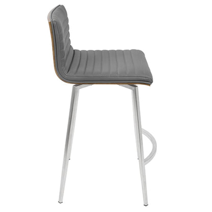 Mason Contemporary Swivel Counter Stool in Stainless Steel, Walnut Wood, and Grey Faux Leather - Set of 2