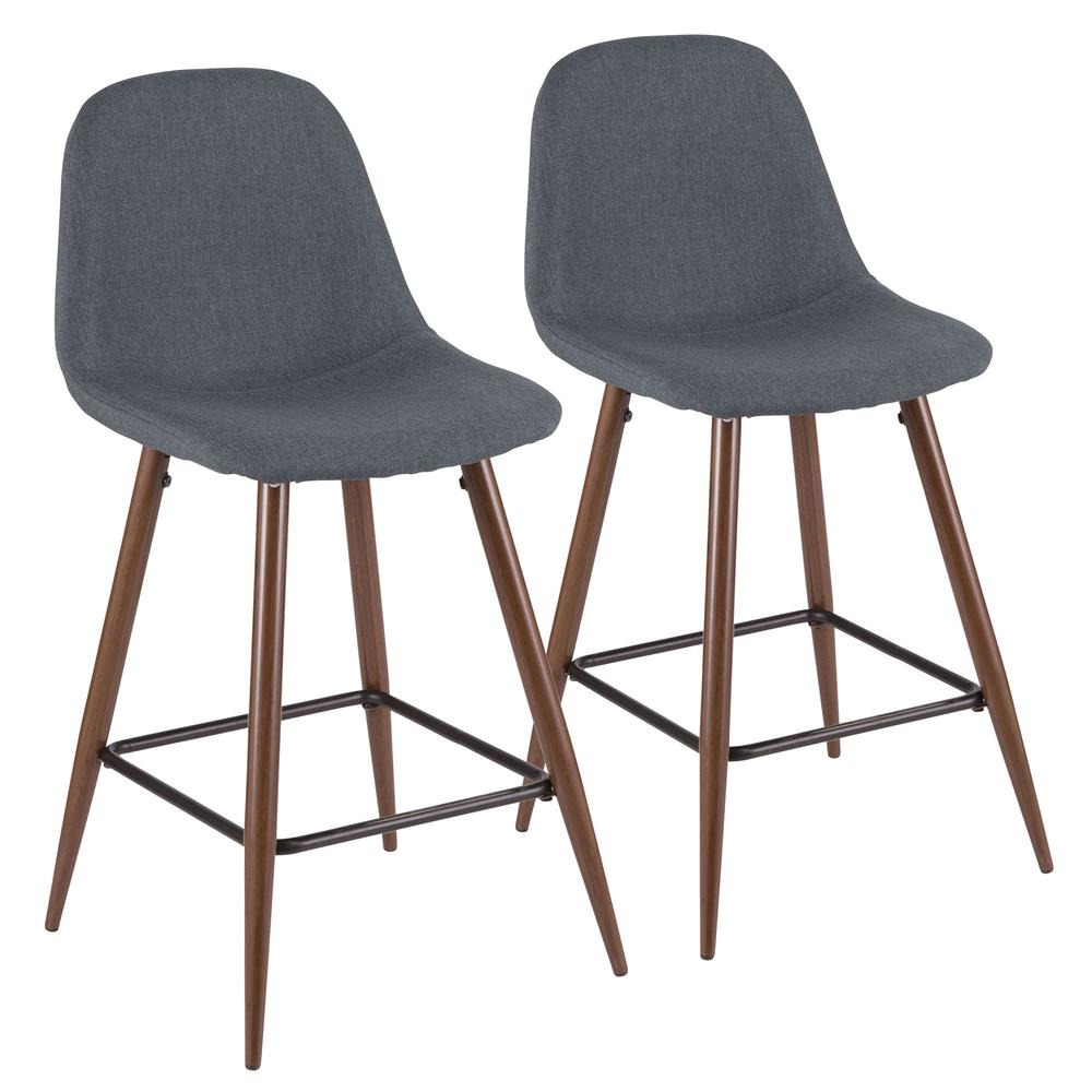 Pebble Mid-Century Modern Counter Stool in Walnut and Blue - Set of 2