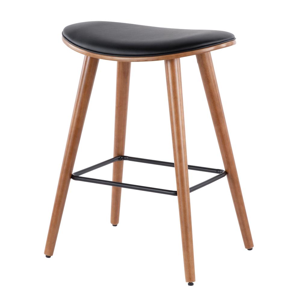 Walnut, Black PU Saddle Counter Stool - Set of 2