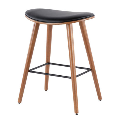 Walnut, Black PU Saddle Counter Stool - Set of 2