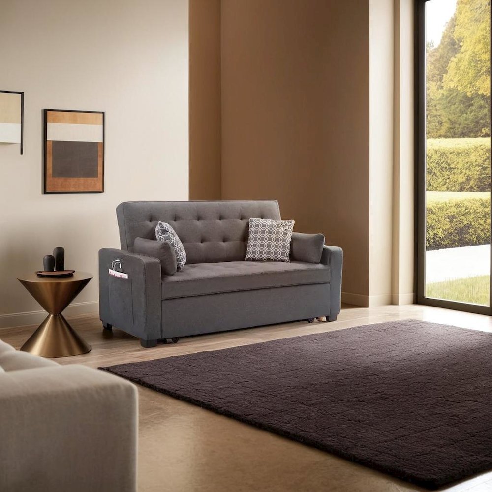 Modern Gray Fabric Sleeper Sofa Featuring USB Ports and Decorative Pillows