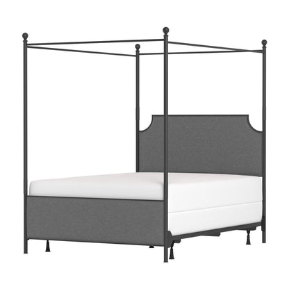 Queen Size Canopy Frame in Black Metal with Upholstered Headboard
