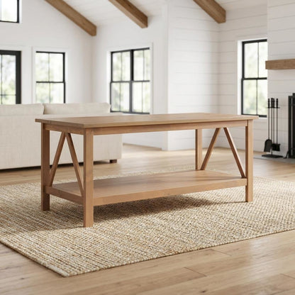 Rustic Driftwood Coffee Table with Solid Wood Finish and Open Storage