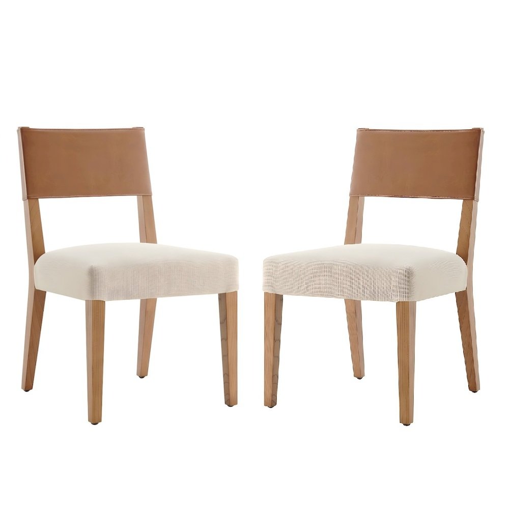 Faux Leather and Linen Dining Side Chair with Nettlewood Legs, Set of 2
