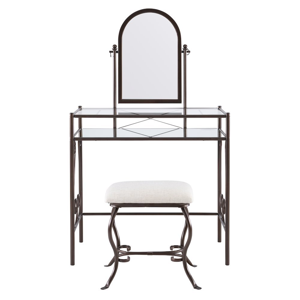 Metal Vanity Set with Glass Top, Mirrored Shelf and Upholstered Bench