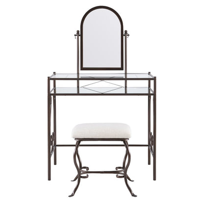 Metal Vanity Set with Glass Top, Mirrored Shelf and Upholstered Bench
