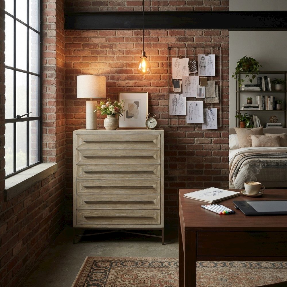 Six-Drawer Tall Filing Cabinet, Veneer and Metal Frame, Beige