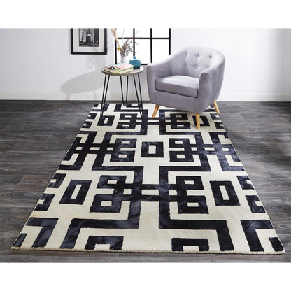 Lorrain Tufted Greek Key Wool Rug, Noir Black, 3ft - 6in x 5ft - 6in Accent Rug, 6108568FNOR000C50