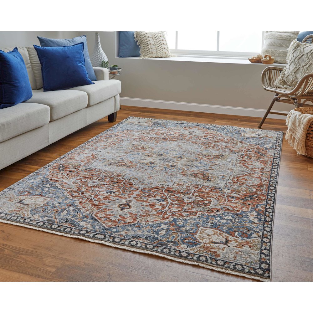 Kaia Transitional Medallion, Orange/Ivory/Blue, 12' x 15' Area Rug
