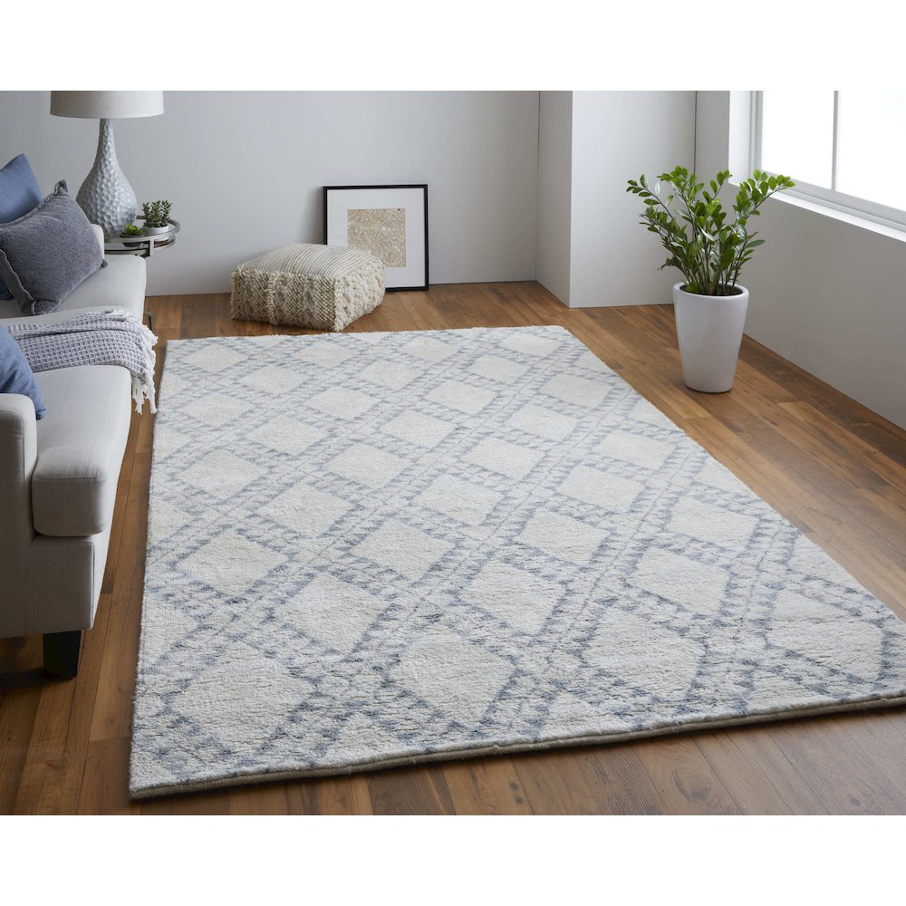 Abytha Diamond Hand Knot Wool Rug, Ivory/Blue/Gray, 5ft-6in x 8ft-6in Area Rug, 7316458FICE000E50