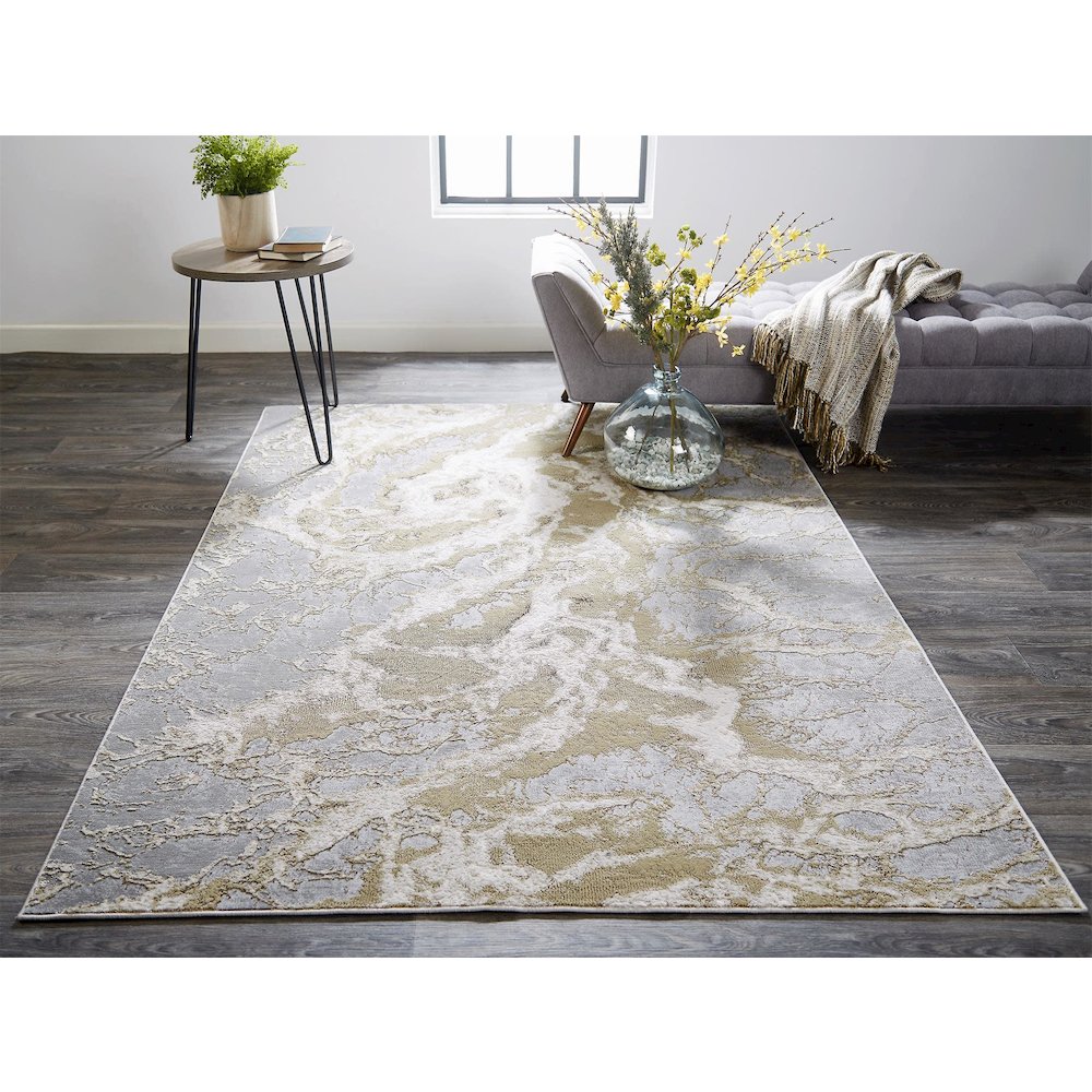 Aura Modern Abstract, Ivory/Silver/Gold, 8' x 10' Area Rug