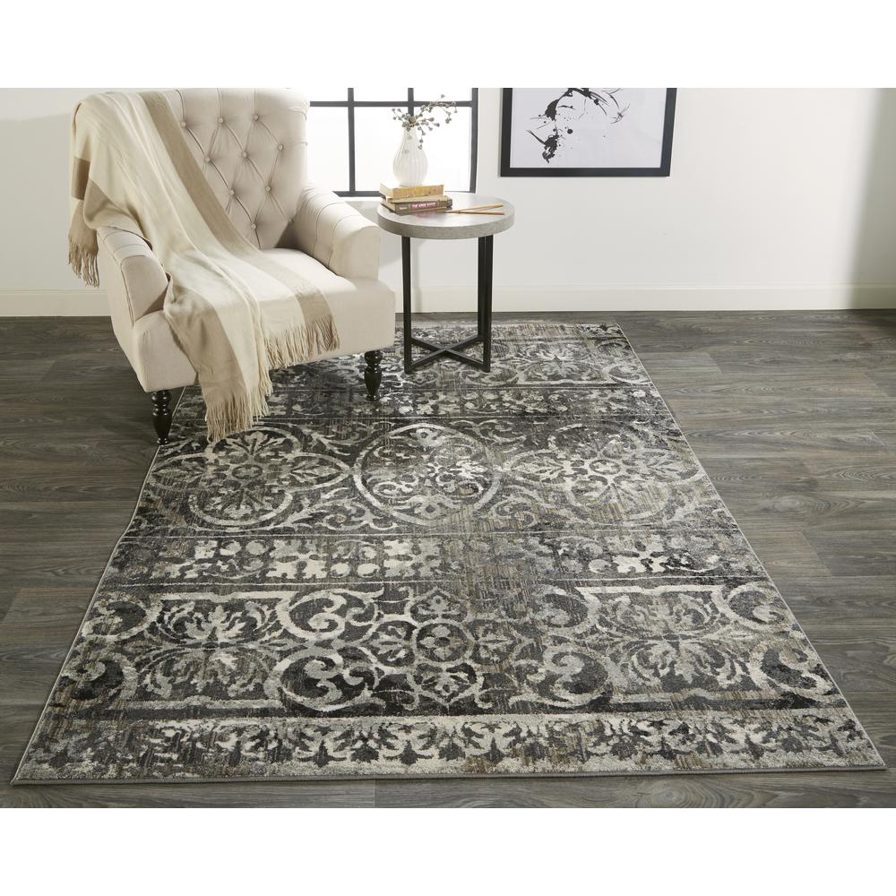 Kano Distressed Geometric FloralRug, Charcoal Gray, 4ft-3in x 6ft-3in Accent Rug, 8643871FCHLIVYC16