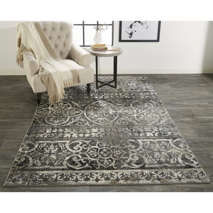 Kano Distressed Geometric FloralRug, Charcoal Gray, 4ft-3in x 6ft-3in Accent Rug, 8643871FCHLIVYC16