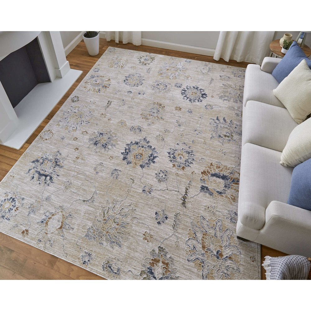 Pasha Transitional Floral & Botanical, Taupe/Ivory/Blue, 5' x 7'-6" Area Rug