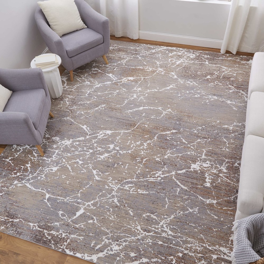 Pryor Modern Abstract, Taupe/Brown/White, 6'-7" x 9'-6" Area Rug