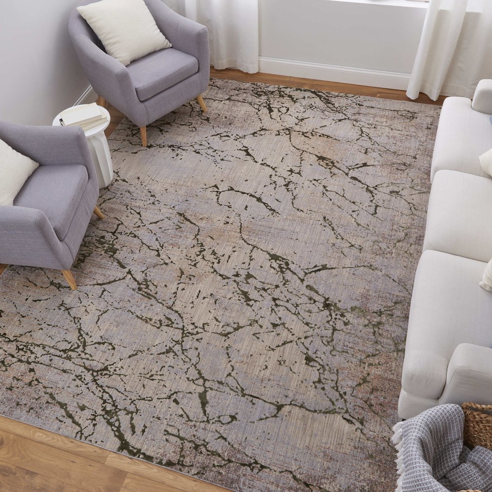 Pryor Modern Abstract, Taupe/Green/Tan, 6'-7" x 9'-6" Area Rug