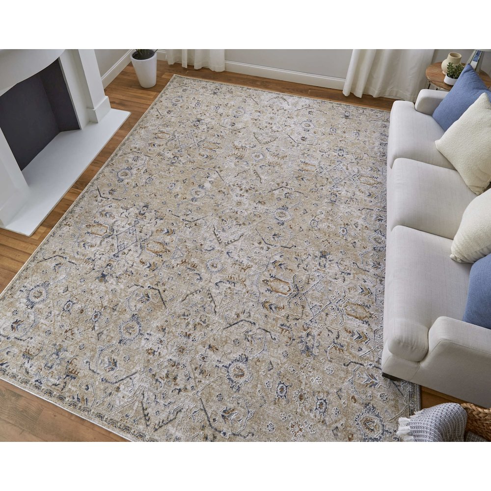 Pasha Transitional Distressed, Taupe/Ivory/Blue, 6'-7" x 9'-6" Area Rug