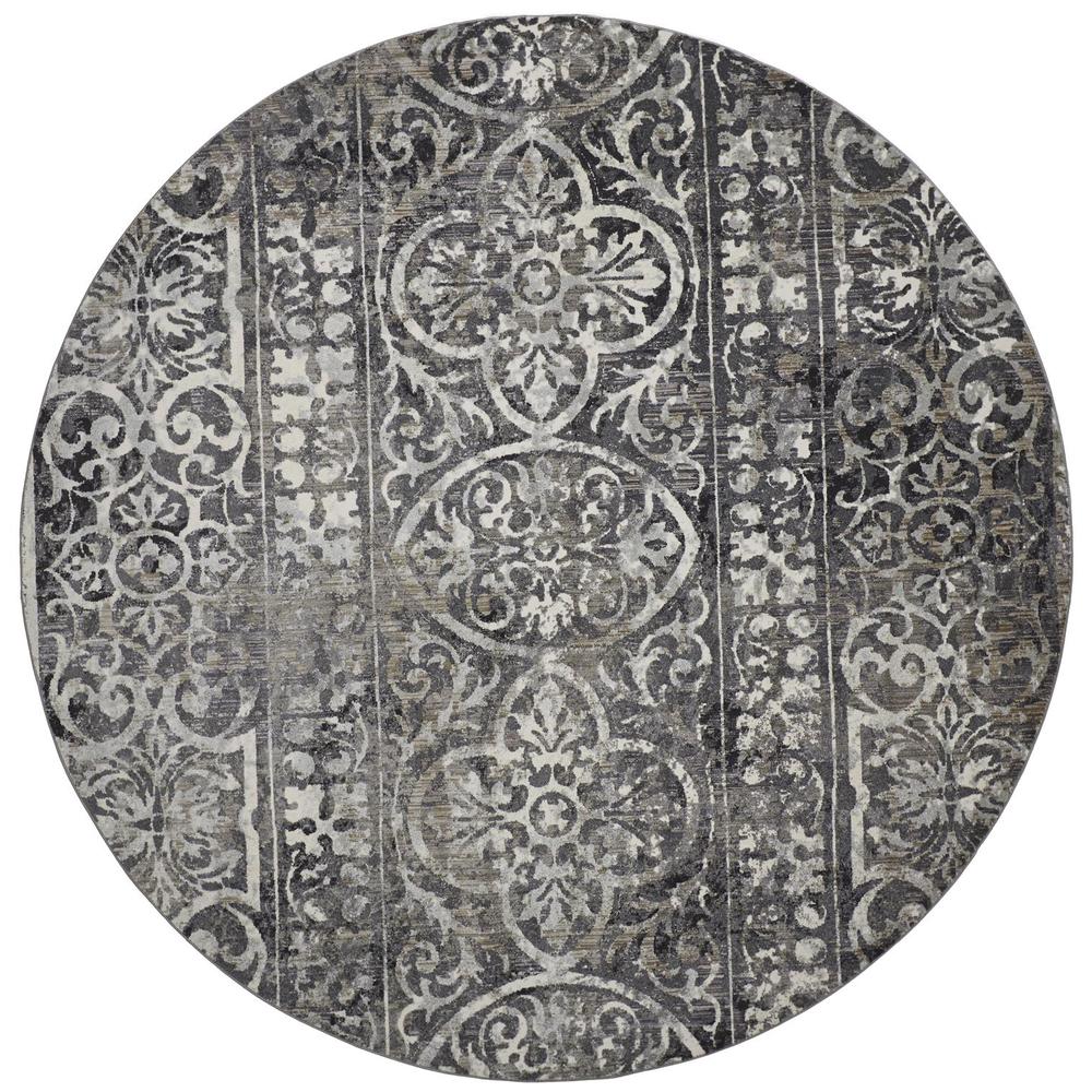 Kano Distressed Geometric FloralRug, Charcoal Gray, 8ft - 9in x 8ft - 9in Round, 8643871FCHLIVYN89