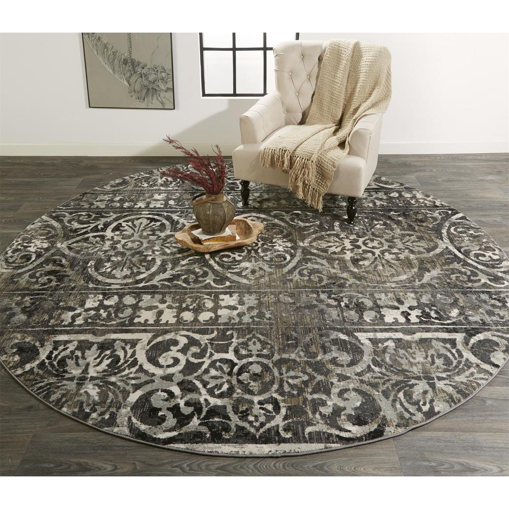 Kano Distressed Geometric FloralRug, Charcoal Gray, 8ft - 9in x 8ft - 9in Round, 8643871FCHLIVYN89