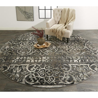 Kano Distressed Geometric FloralRug, Charcoal Gray, 8ft - 9in x 8ft - 9in Round, 8643871FCHLIVYN89