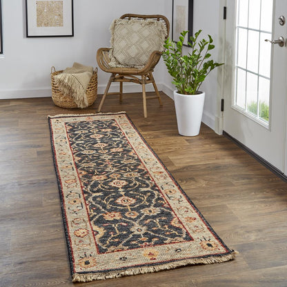 Carrington Traditional Oushak Rug, Geo Floral, Black/Gold, 2ft - 6in x 8ft, Runner, 9826500FCHLLBLI68