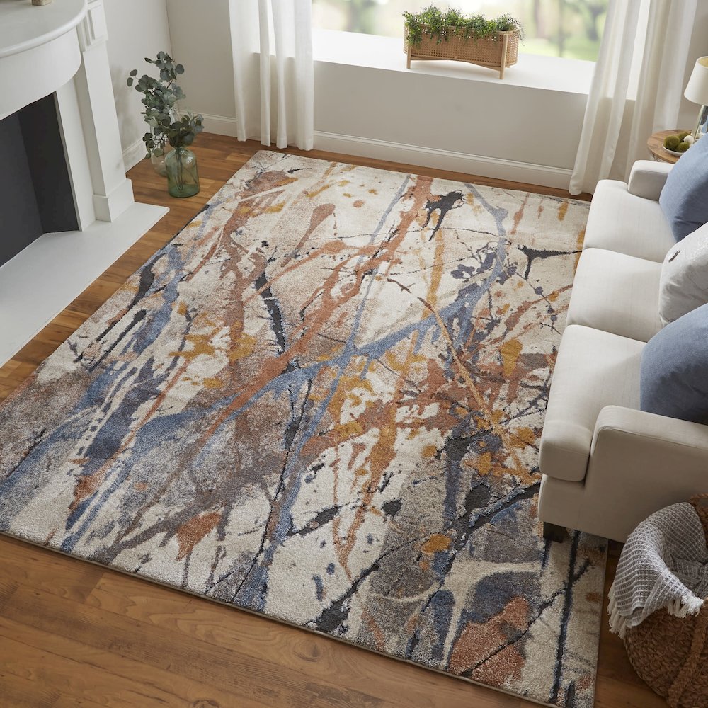Gilmore Modern Watercolor, Blue/Orange/Gray, 5'-3" x 8' Area Rug