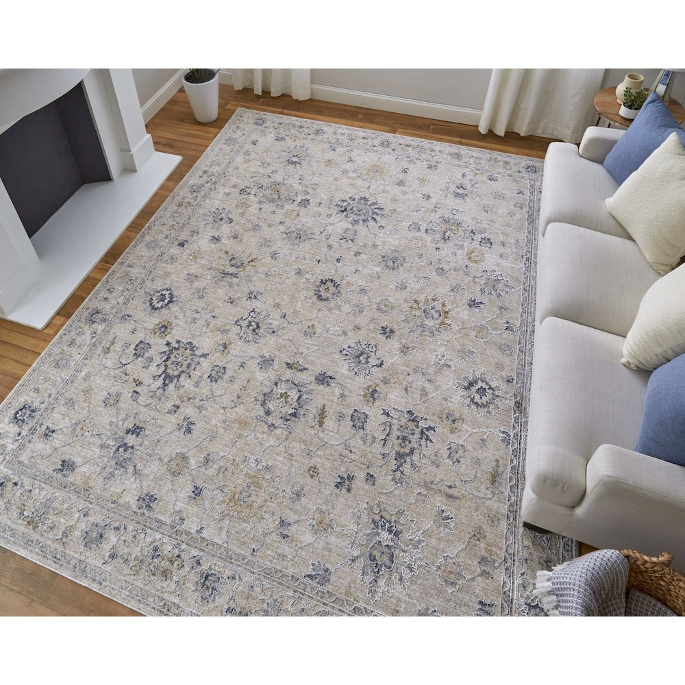 Pasha Transitional Floral & Botanical, Ivory/Taupe/Blue, 5' x 7'-6" Area Rug