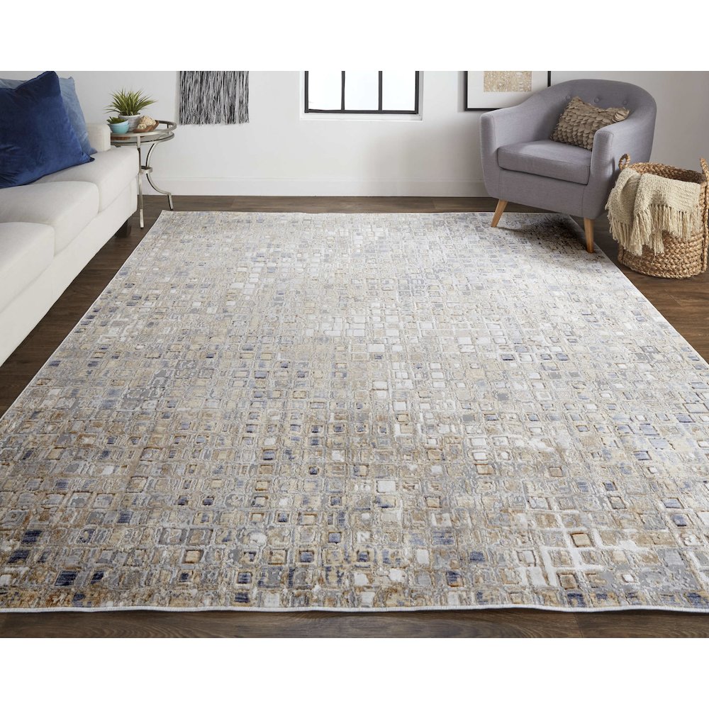 Laina Transitional Geometric, Tan/Ivory/Blue, 9'-8" x 12'-8" Area Rug