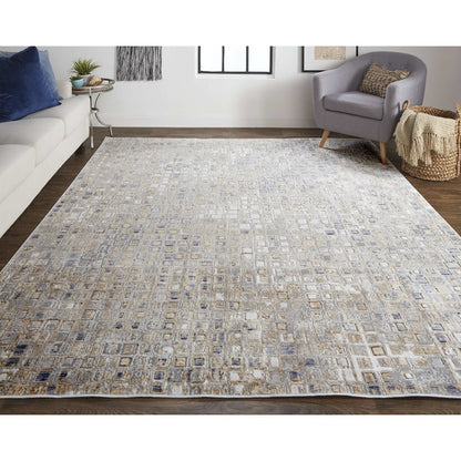 Laina Transitional Geometric, Tan/Ivory/Blue, 9'-8" x 12'-8" Area Rug