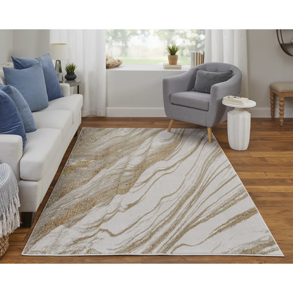 Aura Modern Abstract, Ivory/Taupe/Gold, 3'-11" x 6' Accent Rug