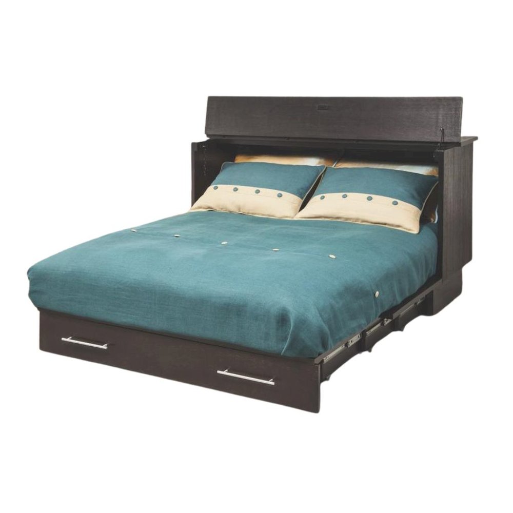 Coffee Wood Queen Size Cabinet Bed with Black Finish and Murphy Wall Design