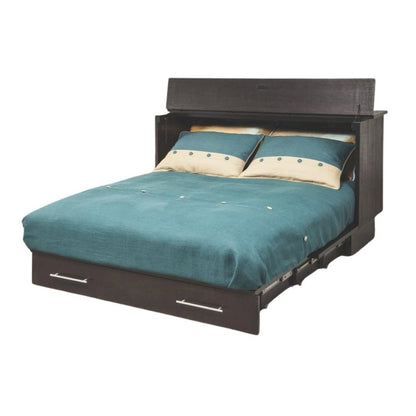 Coffee Wood Queen Size Cabinet Bed with Black Finish and Murphy Wall Design
